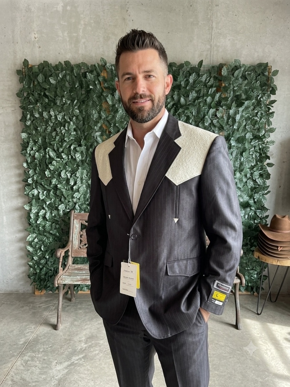 maximos black pinstripe cowboy blazer with cream yoke
